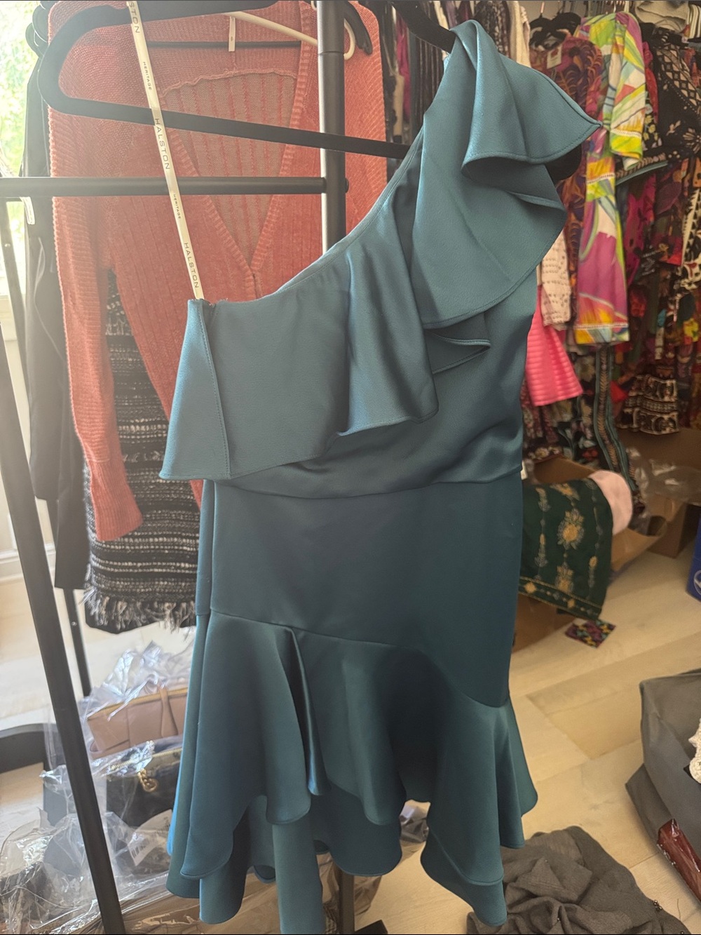 Halston Heritage One-Shoulder Ruffle Hem Dress in Teal